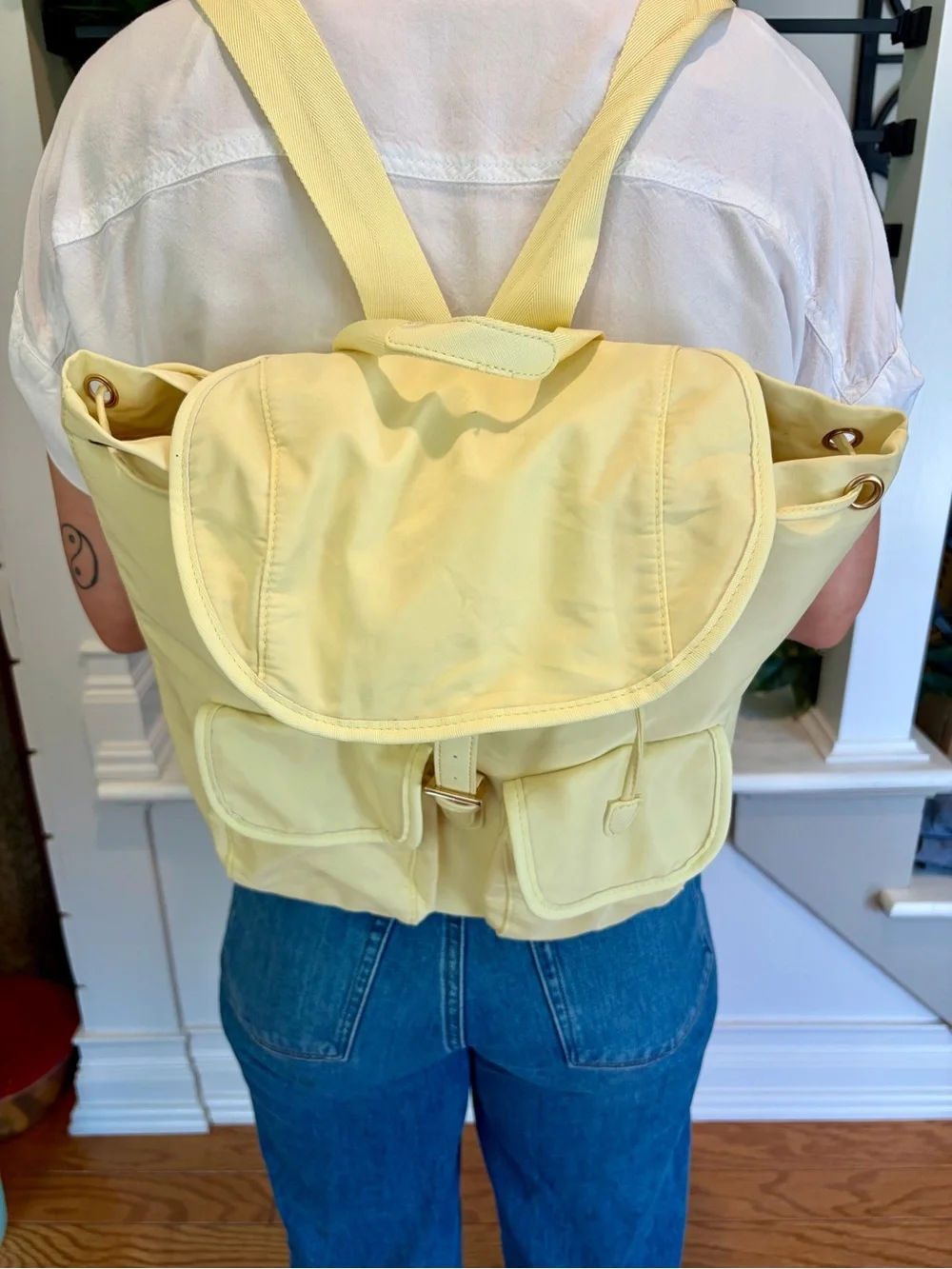 Year of Ours Yellow Nylon Drawstring Backpack Gold Hardware Utility Pockets